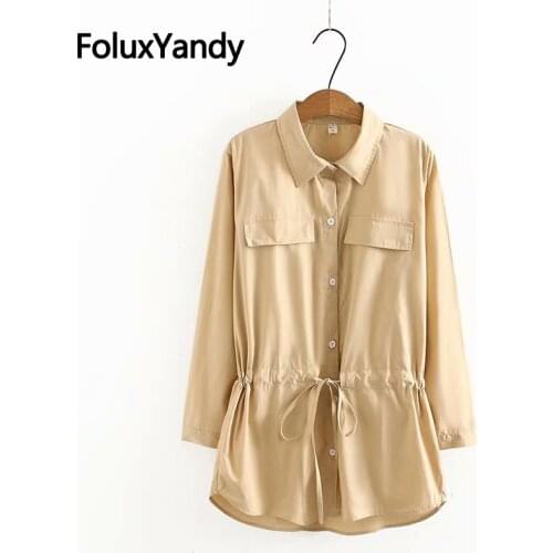 Casual Loose Long Shirts Plus Size Women Blouse Adjustable Waist Turn-down Collar Long Sleeve Shirt KKFY5650