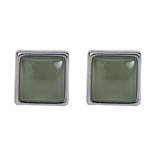 S925 sterling silver natural Hetian gray jade stud earrings simple exquisite and versatile small womens square earrings