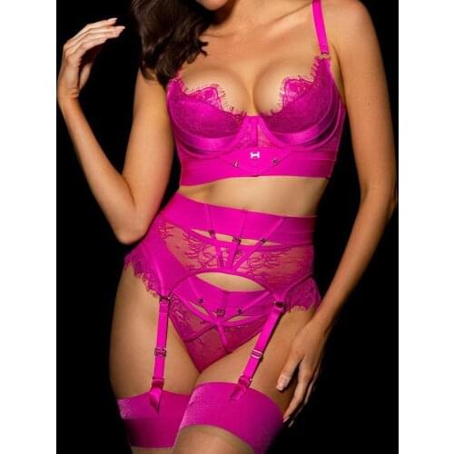 Sexy Lingerie 4 Pieces Underwear Set For Women Mesh Bondage Lace Underwear Erotic Transparent Bra and Thong Pants Garters Set