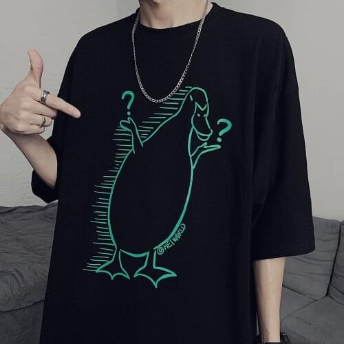 Harajuku style loose question mark duck simple strokes couple short-sleeved T-shirt wild round neck