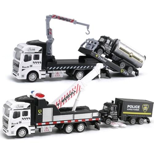19CM Pull Back Crane Trailer Tow Truck Model Toy Alloy Diecast City Rescue Police Vehicle Oil Tank Car Toy for Boy Children Y191