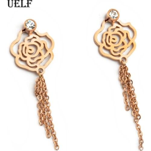 Uelf Vintage Crystal Hollow Flower Women Dangle Earrings Flower Earrings Sweet Tassel Earrings Bohemian Drop Earrings