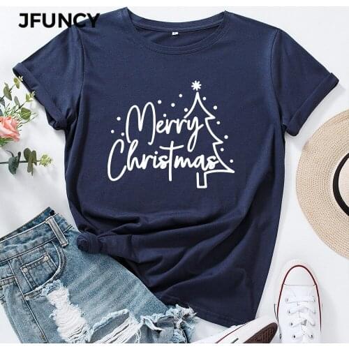 JFUNCY Short Sleeve Womens Cotton T-shirt Merry Christmas Cartoon T Shirts Female Graphic Tees Tops Lady Tshirt