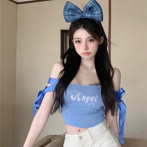 Free shipping Letter Print Slash Neck Bow Shirt For Women Slim Exposed Navel Knitted Short Sleeve Tops