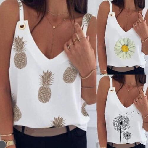 Camisole Tank Tops Women Pineapple Print Tops Female Casual Loose Deep V-Neck Sexy White Plus Size Sleeveless Tee Shirt