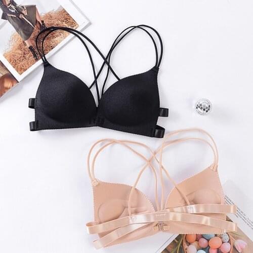 Women Back Beautify Ladies Front Closure Wire Free Fashion Bra Sexy Padded Lingerie Bralette Gather Push Up Cross Backless Bras