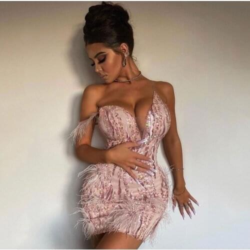 Ailigou 2020 New Summer High Quality Pink Mini Sequin Feather V-neck Fashion Skinny Dress Nightclub Party Skinny Dress