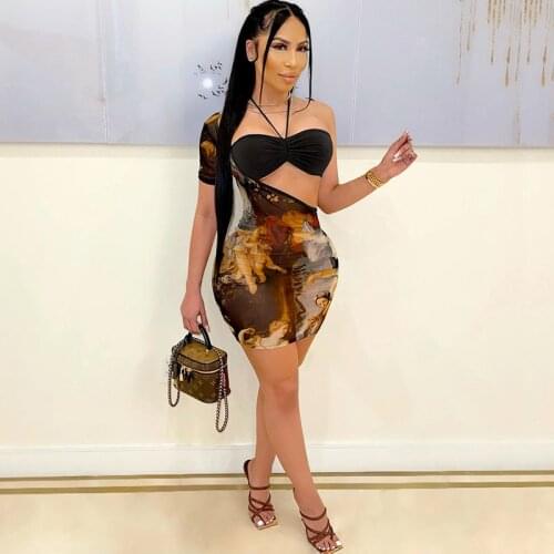 Print Irregular Sexy Bodycon Dress Set Clubwear Birthday Outfits for Women Gothic Clothes Halter Backless Night Party Mini Dress