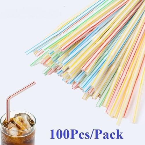 100Pcs/Pack Plastic Drinking Straws Multi-Colored Striped Bendable Disposable Straws Party Birthday Celebration Rainbow Straw