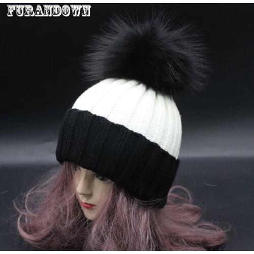 2018 Ladies Winter Fur Pompom Hats For Women Colour Pompon Bobble Hat Female Patchwork Knitting Beanie Caps