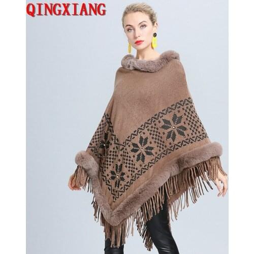 2020 Warm Jacquard Weave Pullover Winter Faux Fur Out Street Wear Women Pearls Floral Capes Poncho O Neck Fur Autumn Sweater