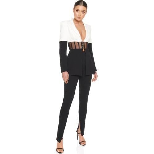 2021 christimas women new arrival fashion black & white v neck paterwork two piece sets wholesale dropshipping