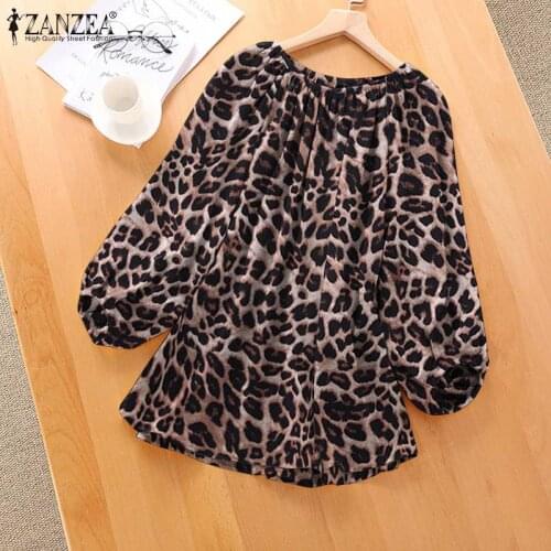 ZANZEA Women Leopard Printed Blouse 2021 Spring Summer Pleated Puff Sleeve Tops Casual Loose O-neck Oversized Blusa Femininas
