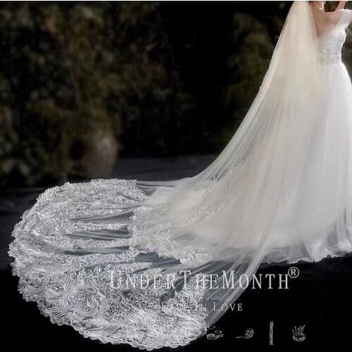 2021 White Long Bridal Veil With Comb Two Layer 3.8m Cathedral Luxurious Lace Appliqued Wedding Veil Real Photo New Accessoriies