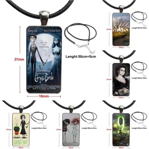 For Women Gifts Boy Vintage Jewelry Steel Color Glass Cabochon Choker Pendant Long Rectangle Necklace Movie Tim Burton