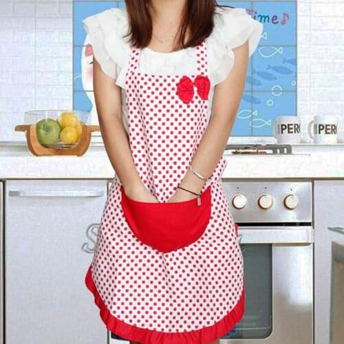 Faroot Cute Aprons Women Bowknot Dot Aprons Kitchen Bib Restaurant Cooking Bib Apron Dress with Pocket Aprons