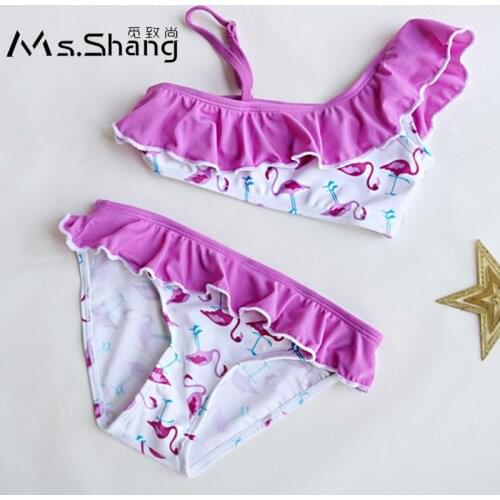 2-14 Years Baby Girl Swimsuit Kids Flamingo Cartoon Teenager Girl Bikinis One Shoulder Toddler Infant Girl Bathing Suit Ruffle