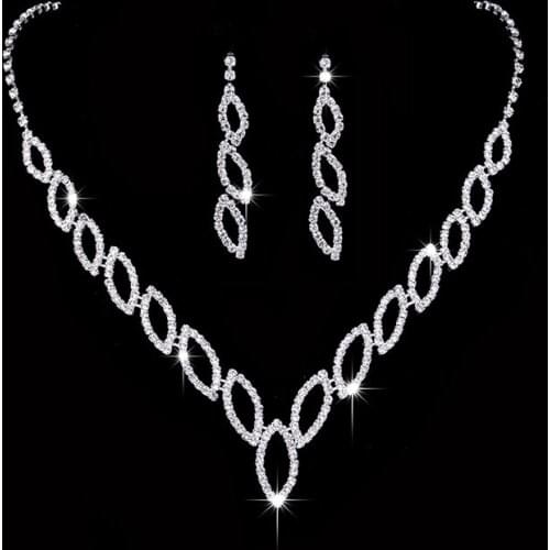 Leaf Shape Jewelry Sparkling Rhinestone Crystal Necklace Earrings Set Charm Wedding Bridal Jewelry Set For Women Bridesmaids