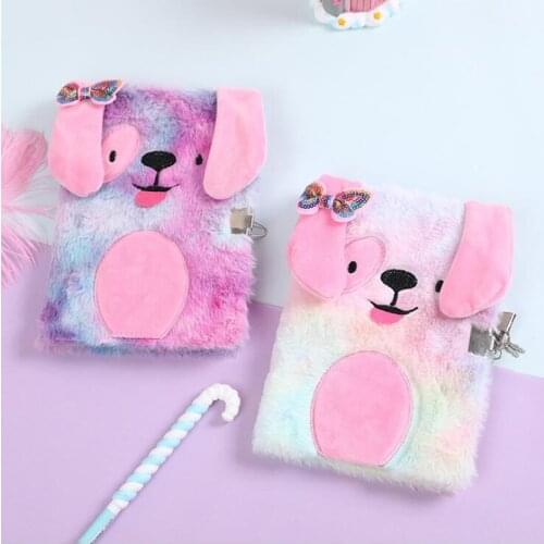 Cute Dog Plush Notebook with Lock Journal A5 Diary Line Paper Planner Organizer Note Book Handbook School Supplies Girls Gift
