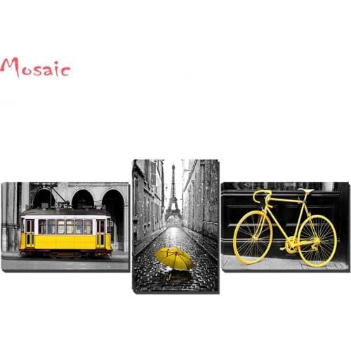Diy diamond painting Embroidery 3 pcs Modern Black and White Pairs Tower with Yellow Umbrella Yellow Bicycle Yellow Cable Car