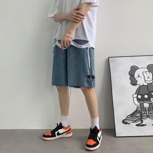 Raw Edge Ripped Denim Shorts Loose Straight Five-point Pants Washed Blue Jeans Casual Summer Mens Clothes Hiphop Streetwear