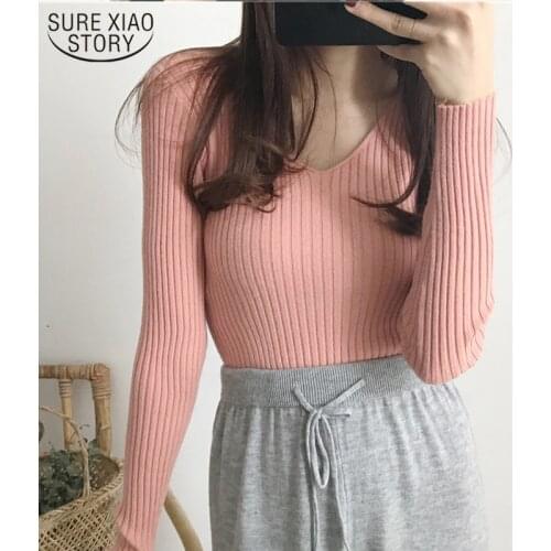 2021 Autumn and Winter V-neck Knitted Long Sleeve Slim Warm Womens Sweaters Fashion Solid Pullover Sweater Women 10308
