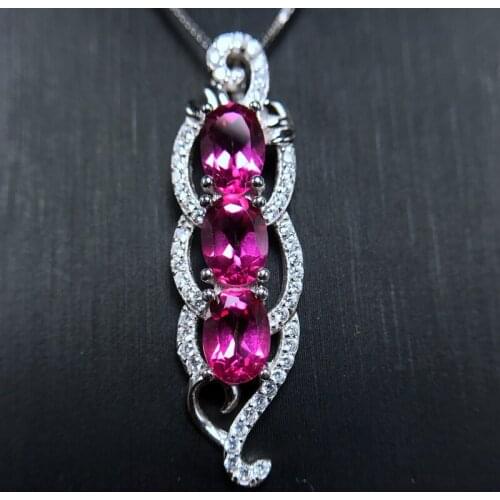 Uloveido Tested Pink Topaz Bean Necklace Women, 925 Sterling Silver, Platinum Plated, 5*7mm*3 Pcs Birthstone Leaf Necklace FN173