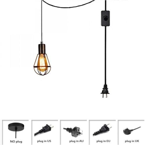 Black Pendant Light with Plug, Industrial Metal Cage Chandelier with Adjustable Hanging Cord, for Kitchen Island
