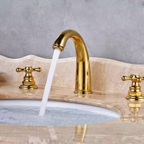 Polished Gold Basin Faucets Brass Deck Mounted Bathroom Sink Faucets Double Handle 3 Hole Hot And Cold Water Tap