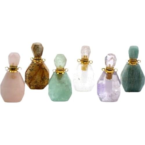 Natural gems stone Magical Medicine vial Perfume Bottle Pendant fluoritesrose quartzs amethysts Essential Oils Diffuser necklace