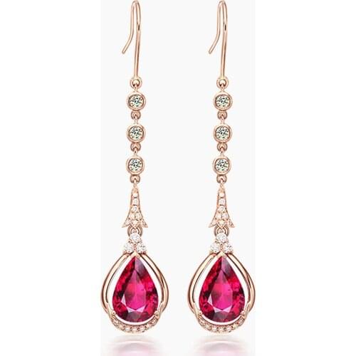 LUXURY RUBY GEMSTONES RED CRYSTAL ZIRCON DIAMONDS LONG DANGLE DROP EARRINGS FOR WOMEN ROSE GOLD TONE JEWELRY BIJOUX PARTY GIFTS