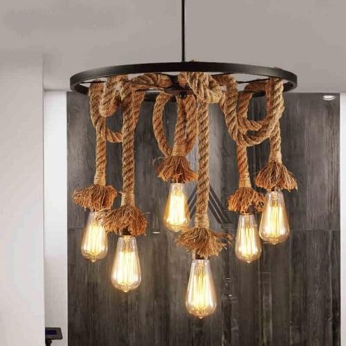 Mordern Industry wind 3/6 heads loft chandelier hemp rope pendant lamp bar restaurant cafe living room hanging light YHJ020112