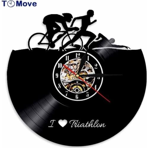 Sports Swimming Running Cycling Vinyl Record Clock Triathlon Wall Clock Handmade Sports Lovers Gifts Vintage Athlete Home Decor