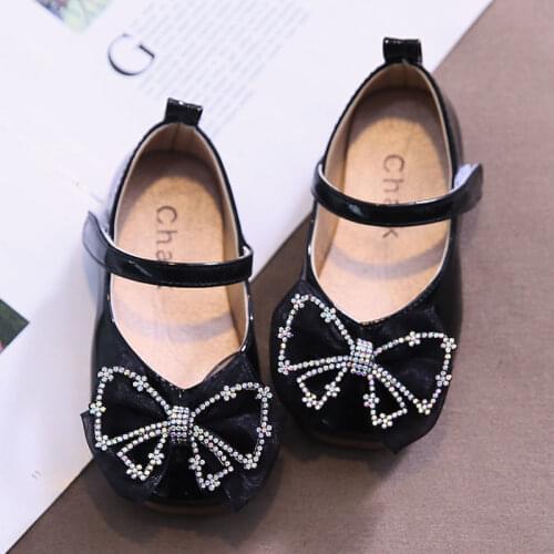 Girls Shiny Bow-knot Artificial Leather Shoes 2021 Garden Shoes Baby Soft-soled Toddler Square Toe Performance Princess Shoes