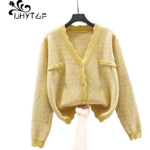 UHYTGF Knitted Cardigan For Women Autumn Sweater Coat New Plaid Single-Breasted Elegant Female Jacket Casual Plus Size Tops 1787