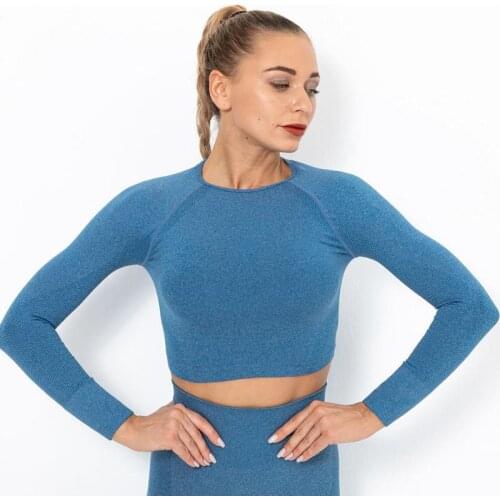 Women Seamless Knitting Sexy Solid Color Sport Long Sleeve Top Training Yoga Sports Running Fitness Gym Workout Top