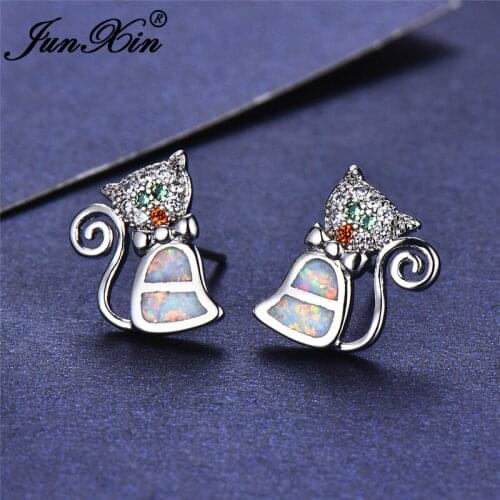 JUNXIN Cute Cat Stud Earrings For Women Silver Color Orange Green Zircon Blue White Fire Opal Earrings Wedding CZ