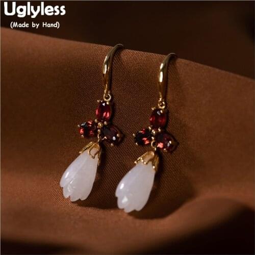 Uglyless 3-petal Flower Garnet Earrings for Women Real 925 Sterling Silver Floral Earrings Magnolia Jade Brincos Jewelry E1364