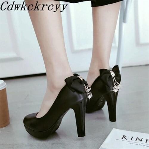 Spring New pattern fashion Simplicity Round head High-heeled Women Shoes Pink white black Sweet Rhinestone Bow Women Shoes 34-45