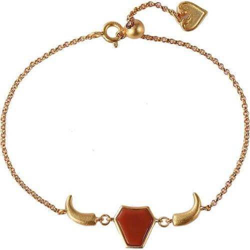 S925 sterling silver gold plated Southern red agate National tide Cute cow Birth year Chinese zodiac cow Ladies Bracelet