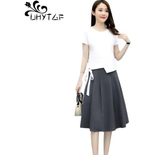 UHYTGF Casual Cotton And Linen Skirt Suit Women New Summer Two Piece Set Fashion Lrregular T-Shirt Top Elegant Female Dress 2128