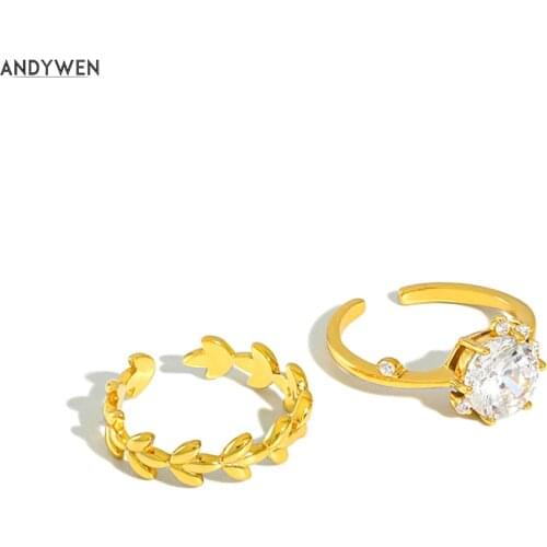 ANDYWEN New 925 Sterling Silver Leafs Big Zircon Adjustable Rings Women Fashion Luxury Crystal CZ Jewelry 2020 Rock Punk