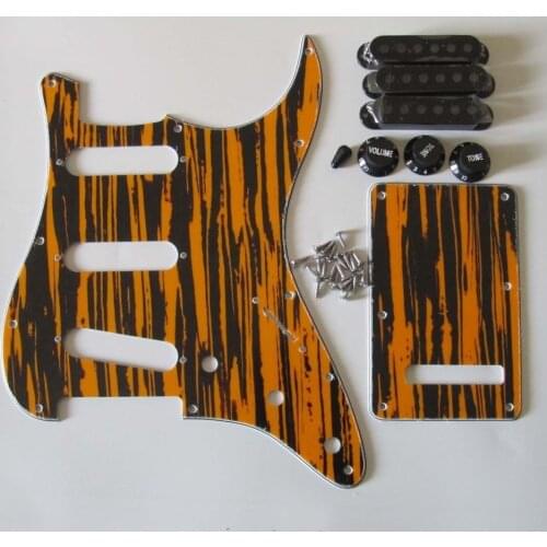 For Strat Pickguard Set Black/Yellow Wicker w/ Black Pickup Covers,Knobs,Switch Tip
