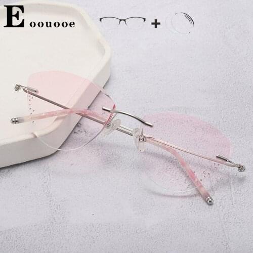 Women Tint Colored Eyeglasses Rimless Diamonds Trimmed Cat Eye Lenses Dark Sun Glasses Lenses UV Protection