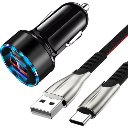 Cargador USB Dual para coche, Cable de carga rápida tipo C para Samsung S20, S10, Honor 30, 20 Pro, QC 3,0