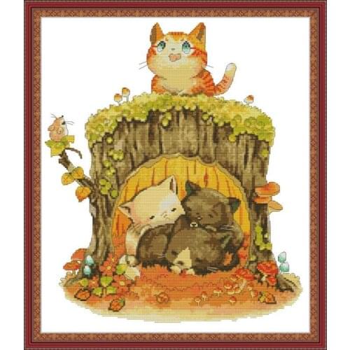 Kitten under the stump DIY cartoon animal pattern cross stitch kit 14ct11ct embroidery sewing set needlework decoration painting
