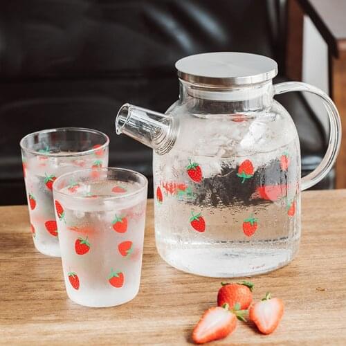 Cute Strawberry Glass Teapot Water Cup Transparent Borosilicate Glass Cup Water Kettle Milk Coffee Juice Cups Office Drinkware