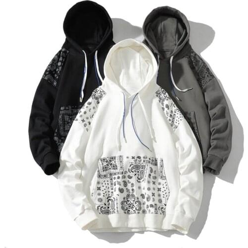 Mens Hoodie Paisley Printed Casual Sweatshirts with Belly Pocket AW21 New Young Fashion Street Style Pullover Male Hoody