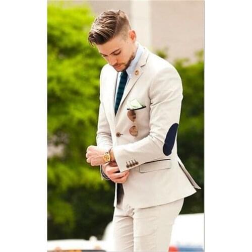 Mens Suits (Jacket+Pants) Latest Designs Beige Groom Tuxedos elbow patches 2 Pieces Wedding Prom Dinner Italian Man Suit Blazer