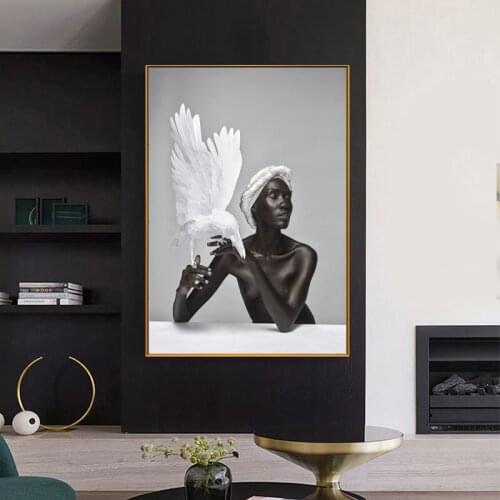 African Art Nude Black Woman Canvas Painting White Eagle Wall Posters and Prints Wall Art Pictures for Living Room Home Cuadros